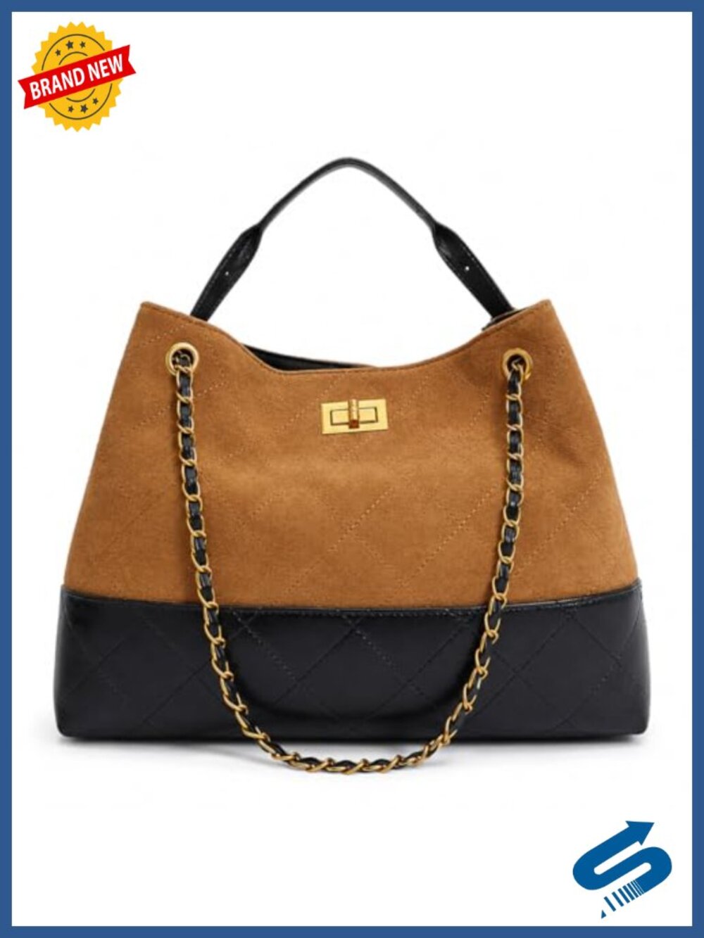 Quilted Two-Tone Tote Bag for Women Faux Soft Leather Suede Purse Shoulder